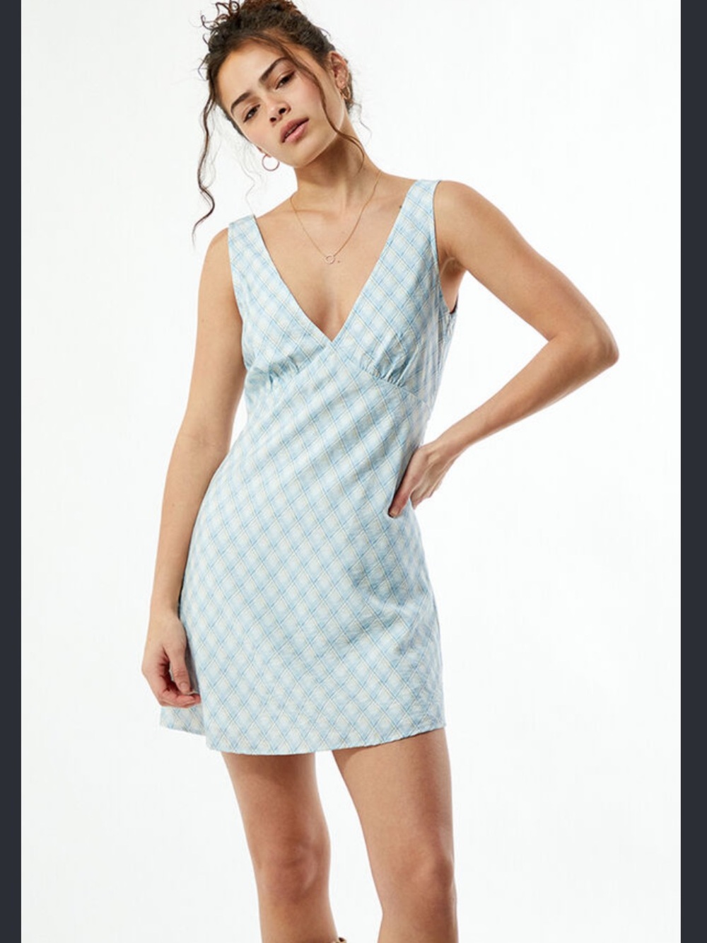 PacSun Light Blue Plaid Deep V Mini Dress